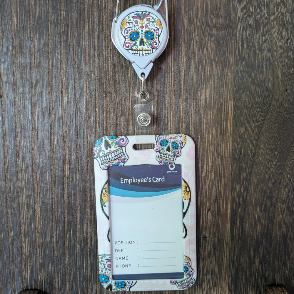 Sugar Skull Badge Holder with Retractable Reel - White